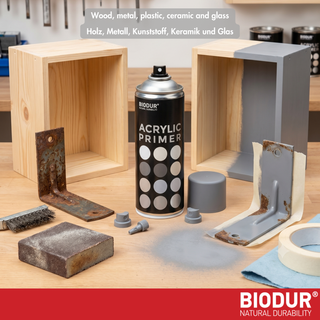 BIODUR Universal Acrylic Primer Spray Can - Grey - 400 ml - Anti-Rust - High-Fill - Quick Dry - Indoor & Outdoor