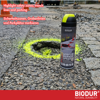 BIODUR Acrylic Inverted Construction Marking Spray Paint - 500 ml - Fluorescent - Weather/UV-resistant - Quick-drying - High visibility