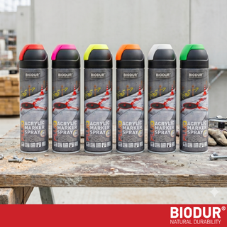 BIODUR Acryl Markierungsspray – 500ml – Fluoreszierend/Neon Baustellen-Spray – 360° Überkopf-Ventil – Wetterfest & UV-beständig – Schnelltrocknend – Hohe Sichtbarkeit