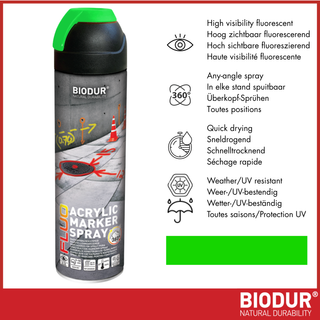 BIODUR Acryl Markeerspray - 500 ML - Fluorescerend - 360 graden Ventiel - Weer/UV-bestendig - Sneldrogend - Hoge zichtbaarheid