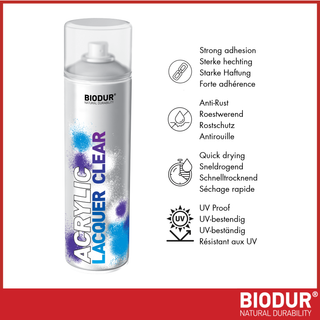 BIODUR Automotive Acrylic Clear Lacquer Spray Paint - 500ml - Non-Yellowing UV-Proof, Quick Dry Hard Top Coat - Metal, Plastic & Auto Body
