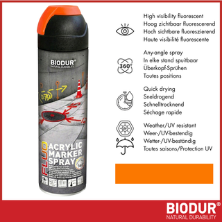 BIODUR Acrylic Inverted Construction Marking Spray Paint - 500 ml - Fluorescent - Weather/UV-resistant - Quick-drying - High visibility