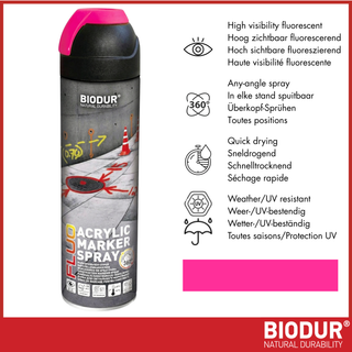 BIODUR Acrylic Inverted Construction Marking Spray Paint - 500 ml - Fluorescent - Weather/UV-resistant - Quick-drying - High visibility