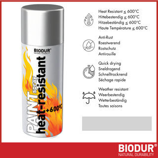 BIODUR Hitzebeständige Silikon-Sprühfarbe – 400 ml – Bis 600 °C – Rostschutz – Wetterbeständig – Innen/Außen