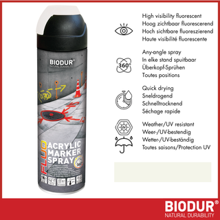 BIODUR Acryl Markeerspray - 500 ML - Fluorescerend - 360 graden Ventiel - Weer/UV-bestendig - Sneldrogend - Hoge zichtbaarheid
